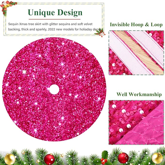 FUHSY Hot Pink Tree Skirt Sequin Christmas Tree Skirt 36 Inches Fuchsia Tree Skirts Velvet Xmas Tree Floor Mat for Christmas Decorations Indoor Xmas Tree Skirt Collar for Christmas Holiday Party