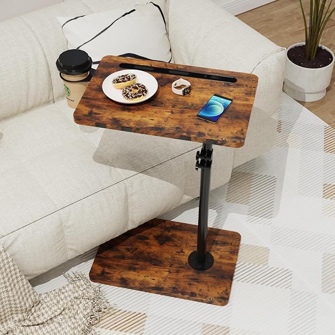 TV Tray Table, Adjustable C Shaped End Table for Couch, 360°Swivel Couch Side Tables That Slide Under Couch Desk Tray Tables for Small Space Sofa Bed Living Room Bedroom Bedroom(Rustic)