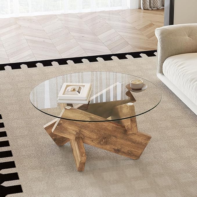 Natural Round Glass Coffee Table,33-Inch Coffee Tables for Living Room Clear Circle Accent Table Adapts to Farmhouse and Contemporary Decor