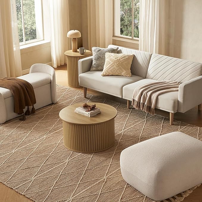 mopio Quin Collection: The Epitome of Mid-Century Modern Furniture. Complete with Rounded Table top Edge, and Tambour Design (Oak, Round)