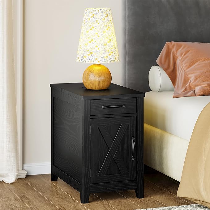 IRONCK End Table with Charging Station, Narrow Side Table for Living Room, Farmhouse Night Stand for Bedroom, Beside Table with Storage and Drawer for Home, Black