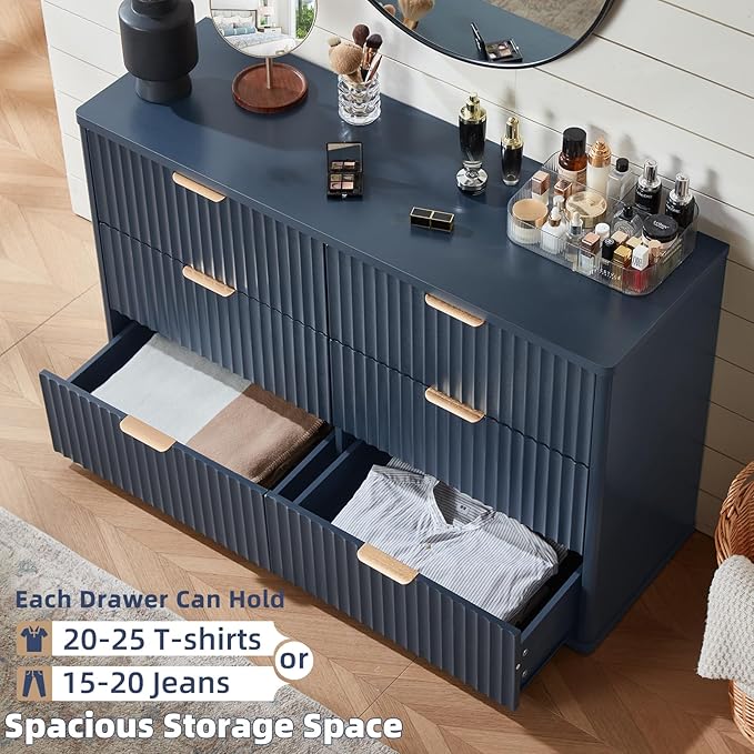 LEYAOYAO Fluted 6 Drawers Dresser, 48" Wide Modern Chest of Drawers with Wood Grain Top, Curved Profile Design, Dresser TV Stand, Wood Drawer Organizer for Bedroom, Living Room, Hallway,Blue