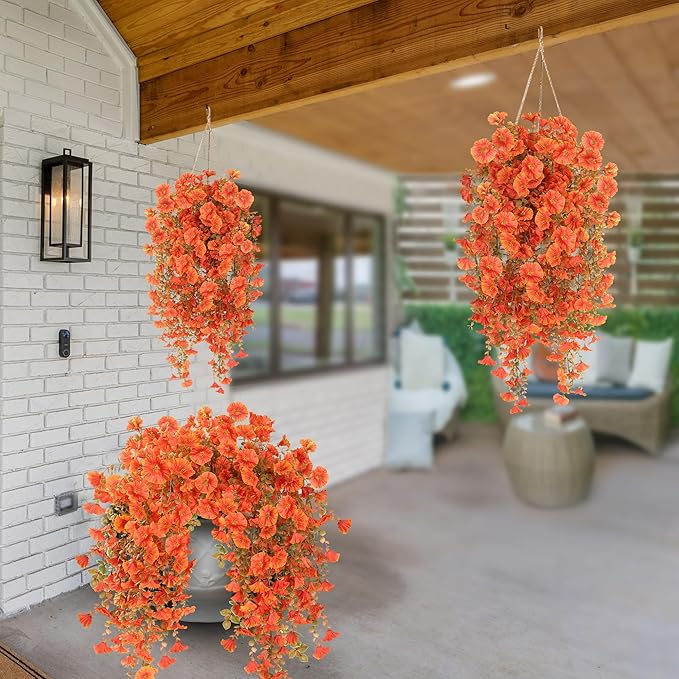 Artificial Fake Hanging Flowers Plants for Outdoor Outside Spring Summer Decoration 2PCS Faux Silk UV Resistant Realistic Morning Glory with Eucalyptus for Home Porch Patio Balcony(Fall Orange)