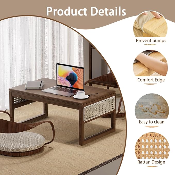 Japanese Floor Coffee Table,Bamboo Low Table for Sitting,Japanese TeaTable for Tatami Living Room Bay Window Meditation (Brown Color)