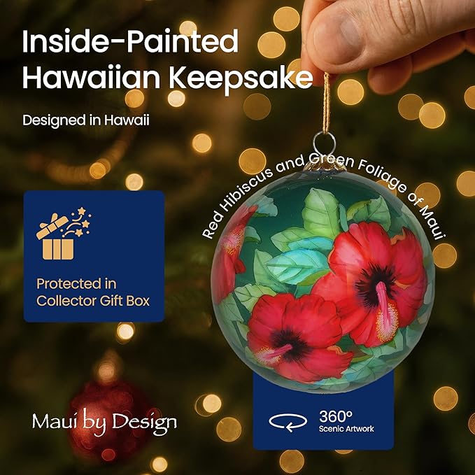 Collectible Maui Christmas Ornament Red Hibiscus Hand Painted from Inside The Glass with Gift Box HCC/M