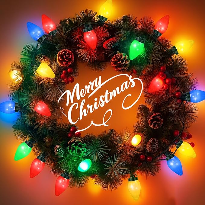 C7 60 LED Battery Operated Christmas Lights,Battery Powered Multicolor Waterproof Bulbs,21.3 FT 8 Modes with Auto On/Off Time for Xmas Tree Garden Patio Indoor Outdoor Christmas Decorations