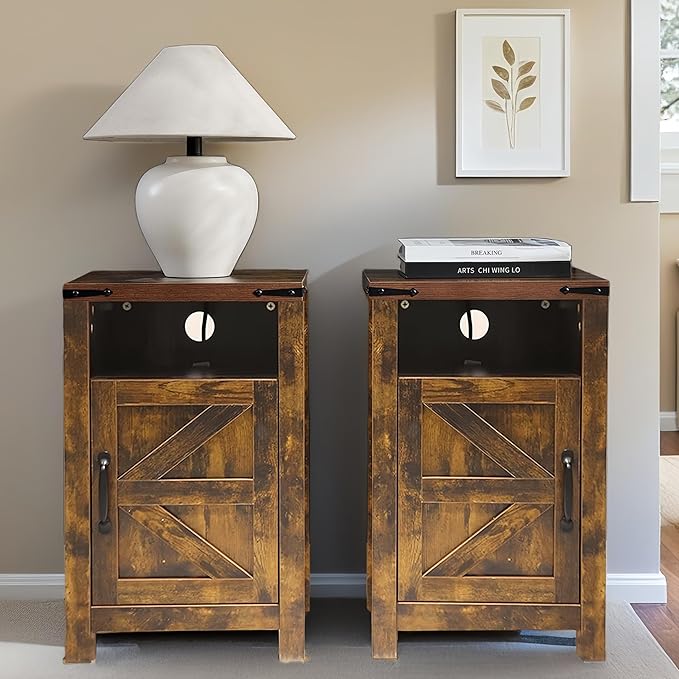 Brown Farmhouse Nightstand Set of 2, Rustic End Table with Barn Door and Shelf, Bedside Table with Charging Station for Living Room, Bedroom
