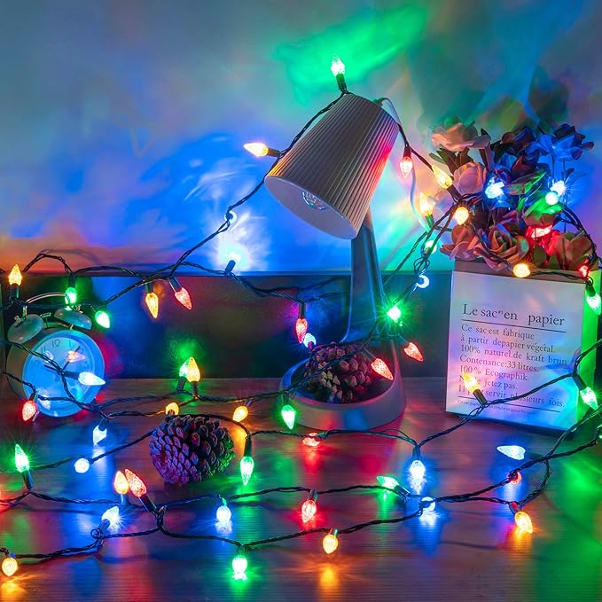 AWQ 100LED 33 FT C6 Christmas String Lights Plug in Fairy Twinkle String Lights 8 Modes Timer Function Waterproof Extendable for Indoor Outdoor Wedding Party Christmas Decoration (100, Multicolor)