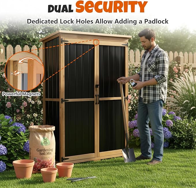 Outdoor Storage Cabinet with Shelves, Wood & Metal Storage Shed with Weatherproof Roof, 3 Removable Shelves, Lockable Doors, Adjustable Feet, Outside Storage Cabinet for Garage, Patio, Backyard