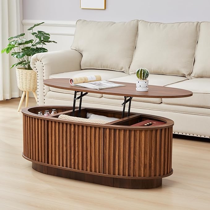 Oval Lift Top Coffee Table, 43.3'' Fluted Coffee Table with Hidden Storage Compartment, Mid Century Modern Dining Table Wooden Center Table for Living Room, Office, Small Spaces (Walnut)