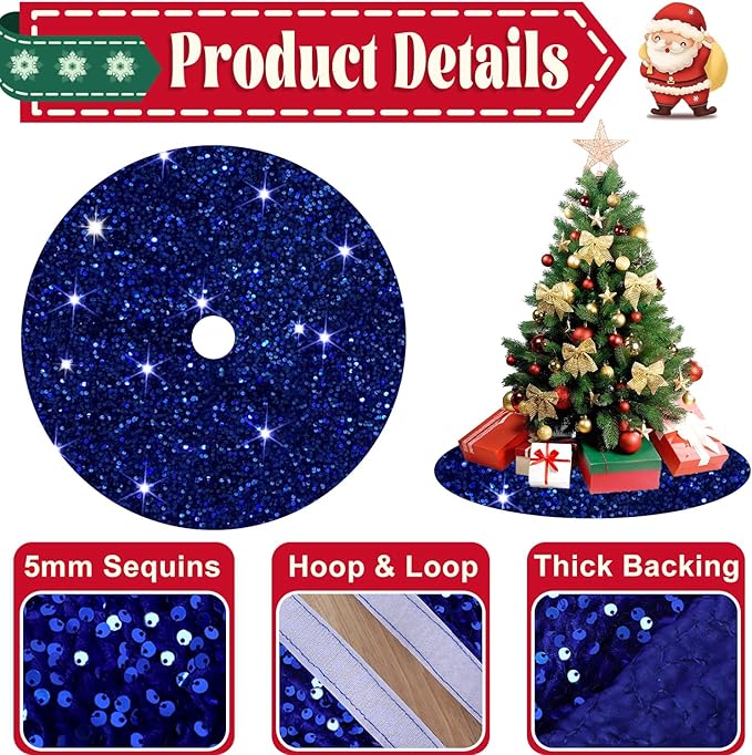 Royal Blue Christmas Tree Skirt 46 Inch Round Sequins Xmas Tree Skirt Sparkling Velvet Tree Skirts Cover Shimmer Tree Floor Mat Embroidered Tree Skirts for Christams Tree New Year Decor