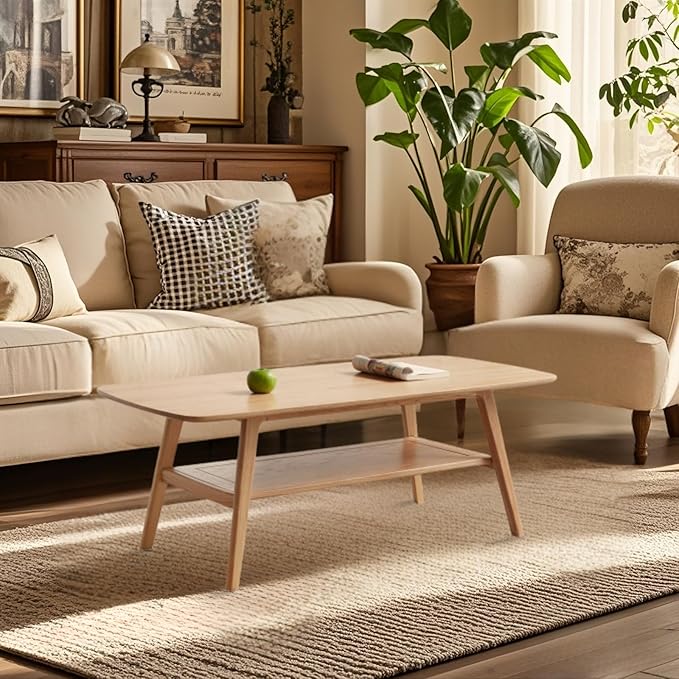 Mid Century Modern Coffee Table: 100% Solid Wood Coffee Table - 2-Tier Storage Design - Practical Coffee Tables for Living Room, Apartment, Easy Assembly (Natural, 47.24")