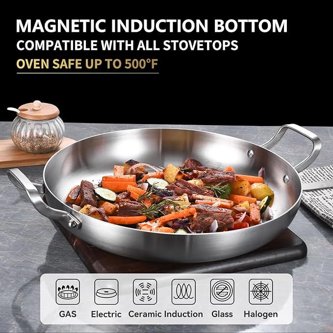 Inqibee 10-Inch Tri-Ply Stainless Steel Paella Pan with Lid, Omelet Pan, Large Skillet, Griddle, Stir-Fry, Jumbo Cooker, Induction Cooking, Dishwasher and Oven Safe