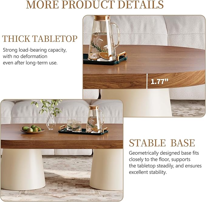 Oval Modern Coffee Table - Minimalist Wooden Coffee Table with White Stable Legs, 51.2" Center Table for Living Room, Apartment, Office, Walnut