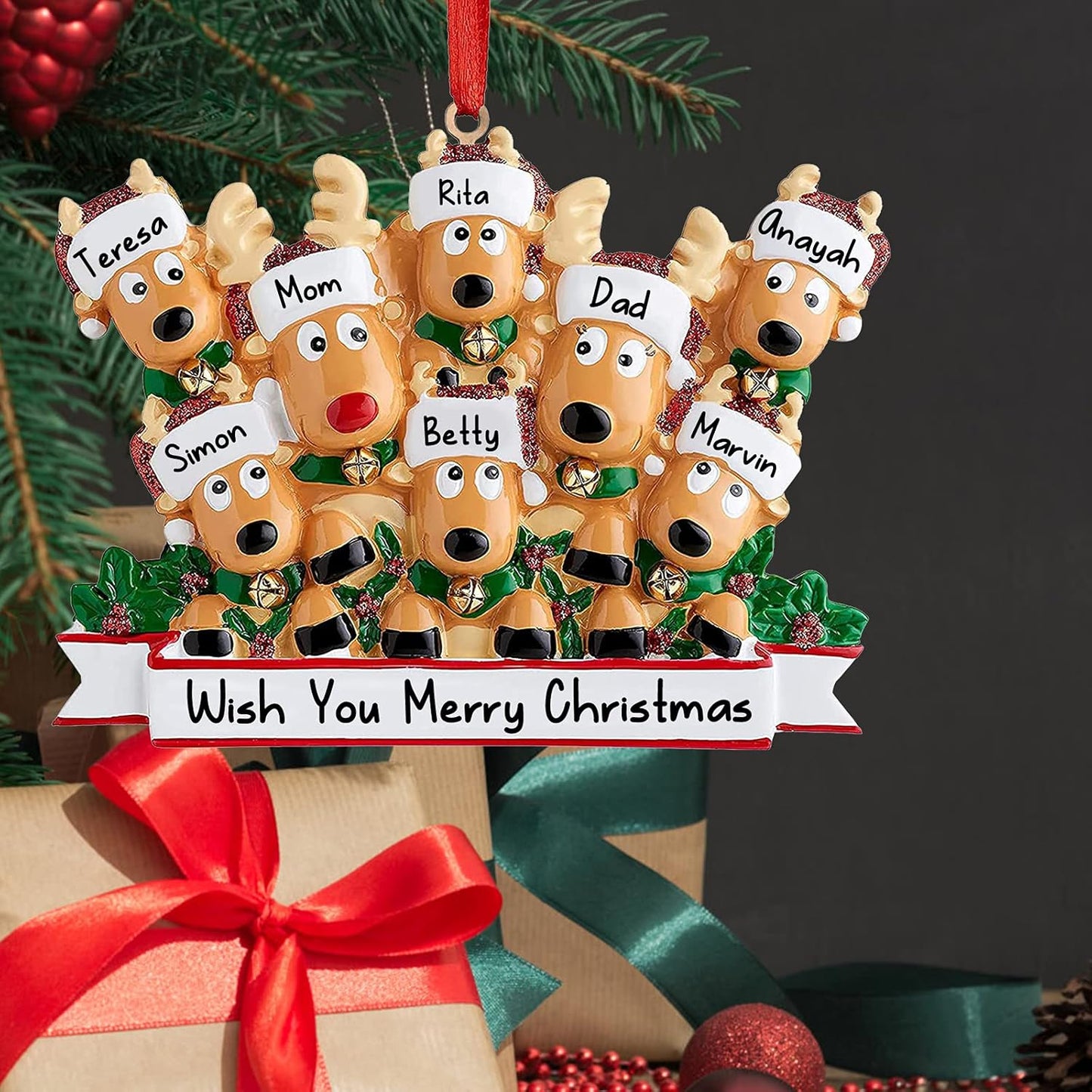 Personalized Deer Christmas Ornaments 2025 Family of 2,3,4,5,6,7,8 Custom Name Reindeer Xmas Ornament with Text,Customized Christmas Decoration Gifts - Family of 8