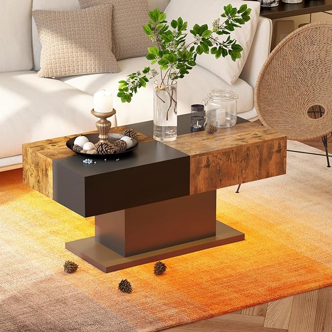 Black Led Coffee Table for Living Room, Living Room Table Rectangular Center Table, Modern Wooden Coffee Tables with 16 Colors LED Lights for Dining Reception Room