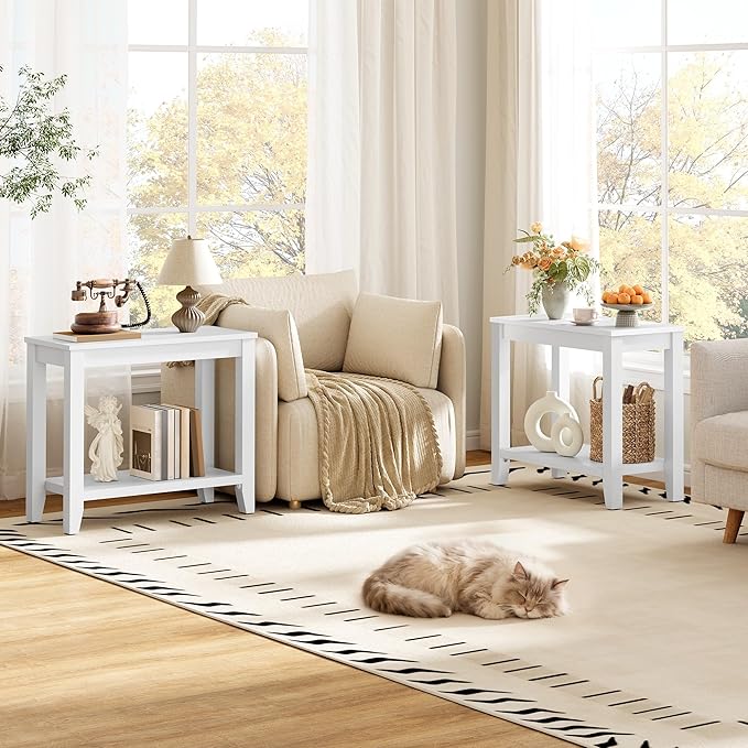 Hoctieon End Table with Double Storage Shelves, Sturdy Wooden Side Table for Living Room, Bedroom, Modern Nightstand Sofa Table for Small Spaces, White