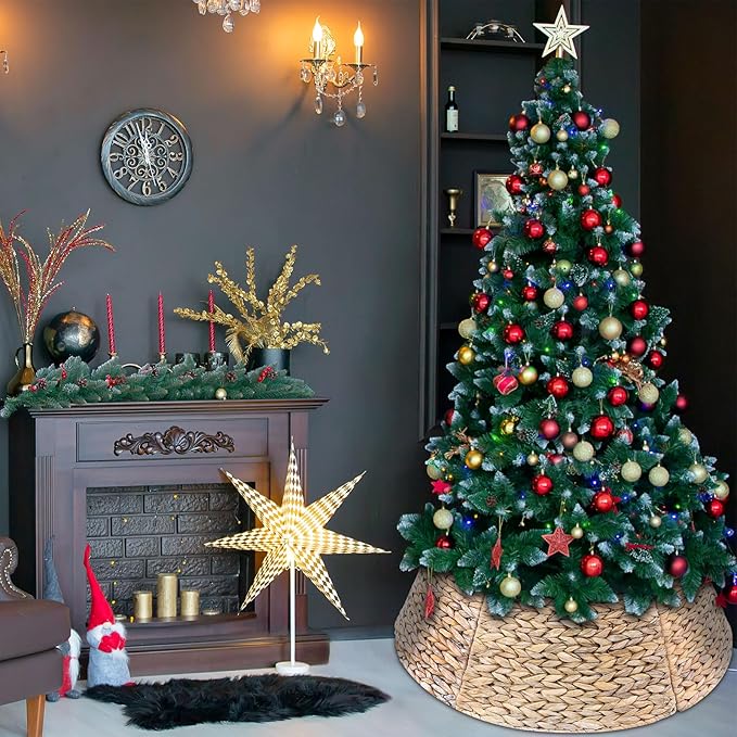 Liliful Christmas Tree Collar Woven Wicker Farmhouse Rustic Tree Skirt Basket Ring for Christmas Decorations(White,27 Inches)
