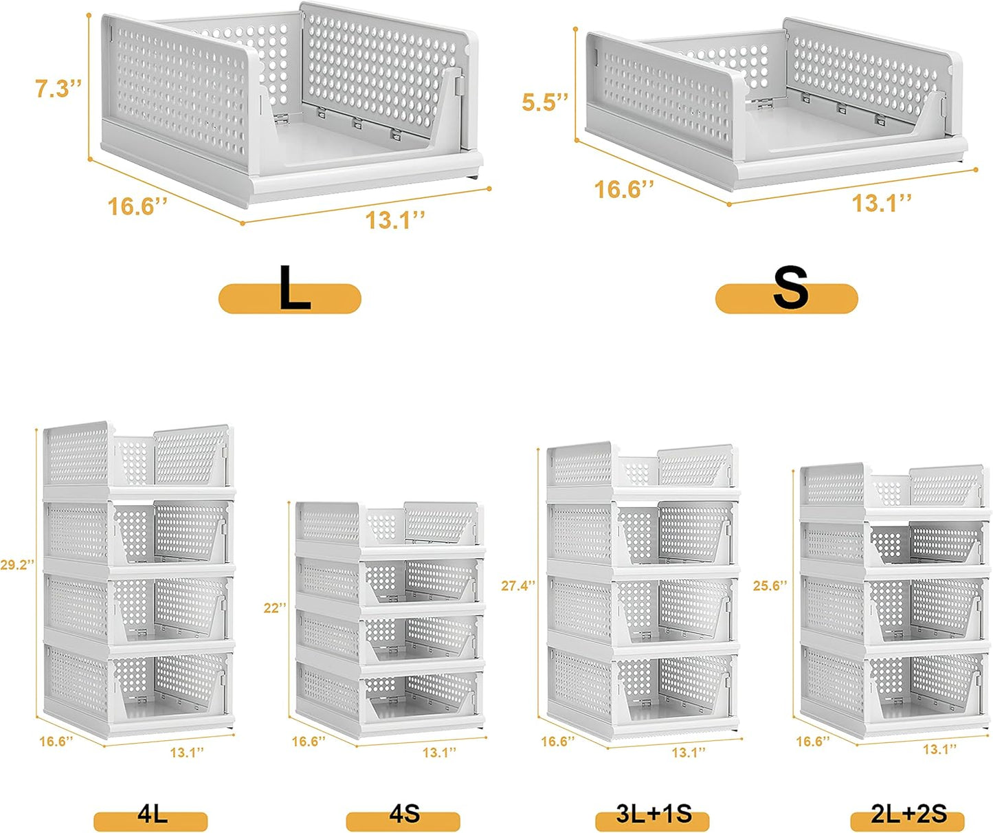 Stackable Plastic Storage Basket Closet Organizer Bin Foldable Clothes Organizer Storage Drawer Shelf Container for Living Room Bathroom Kitchen Office Laundry Room