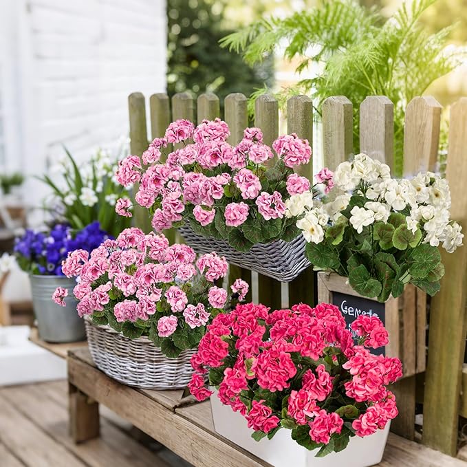 Plastic Flowers for Outdoors Home Decor Fake Plants Artificial Flowers Artificial Geraniums Outdoor Fake Flowers Silk Bouquet, Fall Decor for Interior Porch Garden Decor14.4 (Pink) 8PCS