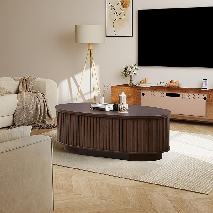 Oval Lift Top Coffee Table, 43.3'' Fluted Coffee Table with Hidden Storage Compartment, Mid Century Modern Dining Table Wooden Center Table for Living Room, Office, Small Spaces (Dark Brown)