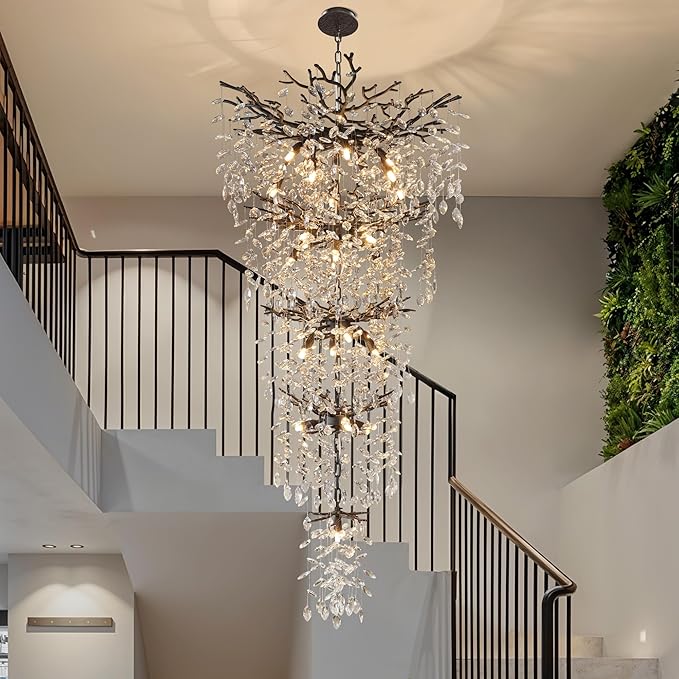 YUYI 63" Long Crystal Chandelier for High Ceiling, 28-Light Black Tree Branch Chandelier, Modern Large Chandeliers for Staircase, Foyer, Entryway, Living Room, 5-Tier Luxury K9 Raindrop Light Fixture