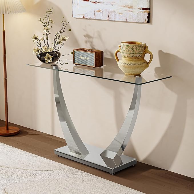 47" Glass Console Table, Modern Rectangular Sofa Table with Tempered Glass Top and Silver Horn-Shaped Stainless Steel Base for Living Room, Entryway, Hallway