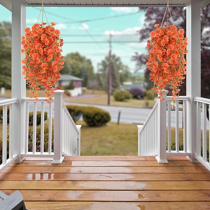 Artificial Fake Hanging Flowers Plants for Outdoor Outside Spring Summer Decoration 2PCS Faux Silk UV Resistant Realistic Morning Glory with Eucalyptus for Home Porch Patio Balcony(Fall Orange)