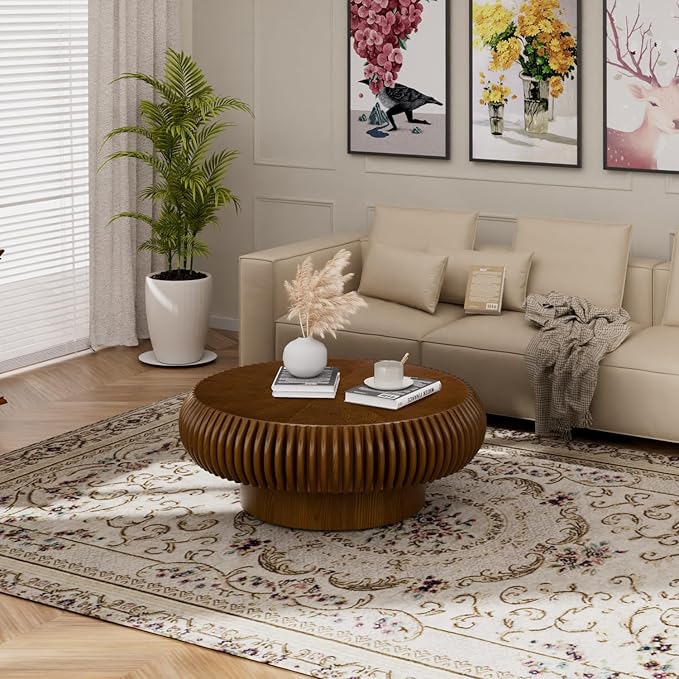 31.5" Drum Coffee Table Modern Unique Fluted Tea Table Contemporary Wood Round Coffee Table with Fluted Centry Table for Living Room Walnut (31.5" Walnut)