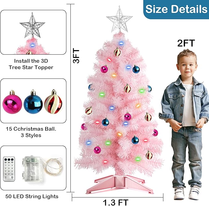 3 Ft Pink Christmas Tree with 12 Modes Timer 50 LED Four Color & Warm Lights DIY 15 Ball Ornaments 3D Star Artificial Xmas Tree for Indoor Home Holiday Party Decoration