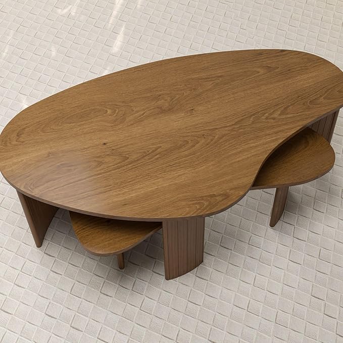 Mid Century Modern Coffee Table Set of 2, Nesting Coffee Tables with Wood Grain Veener, Fluted End Table for Living Room, Farmhouse, Walnut