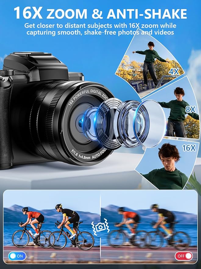 8K Digital Camera, 88MP WiFi Cameras for Photography with 3.2" Touchscreen, 16X Zoom Autofocus Vlogging Camera for YouTube Video, Anti-Shake, Dual Camera, 2 Batteries, 64GB Card, Flash, Lens Hood