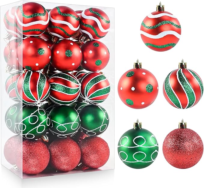30PCS Christmas Ball Ornaments, 2.36" Red Green Christmas Balls Ornaments for Tree, Shatterproof Xmas Tree Decoration, Painting & Glittering Hanging Ball Baubles