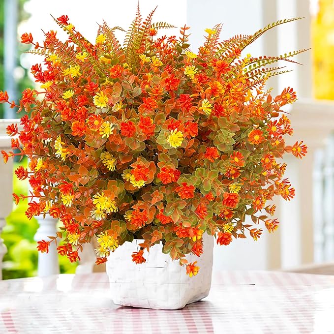 18 PCS Artificial Mums Fall Flowers for Outdoors, Artificial Plants Outdoor Fake Mums UV Resistant, Outdoor Fake Plants Plastic Faux Flowers for Porch Window Box Garden (Orange Red)