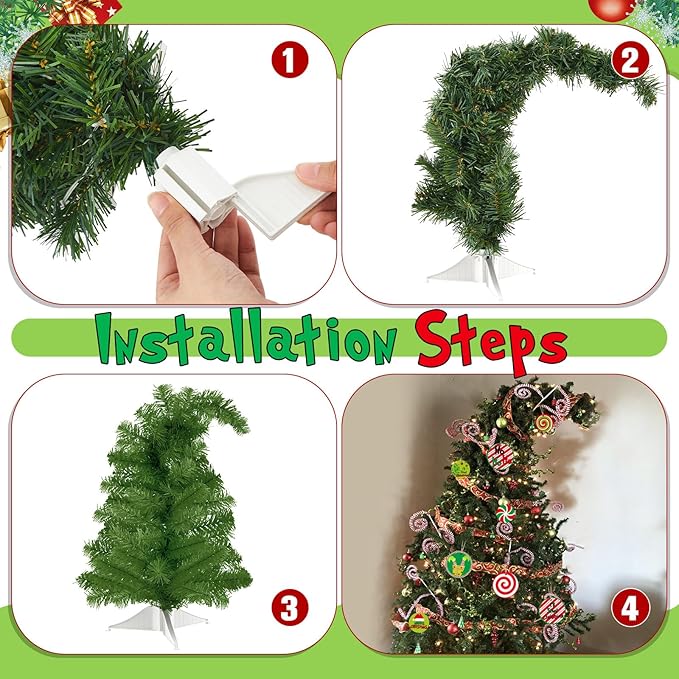 Syhood 1.5ft Bendable Christmas Tree Whimsical Christmas Bent Top Artificial Xmas Tree with LED Lights Ornament Bag, Green