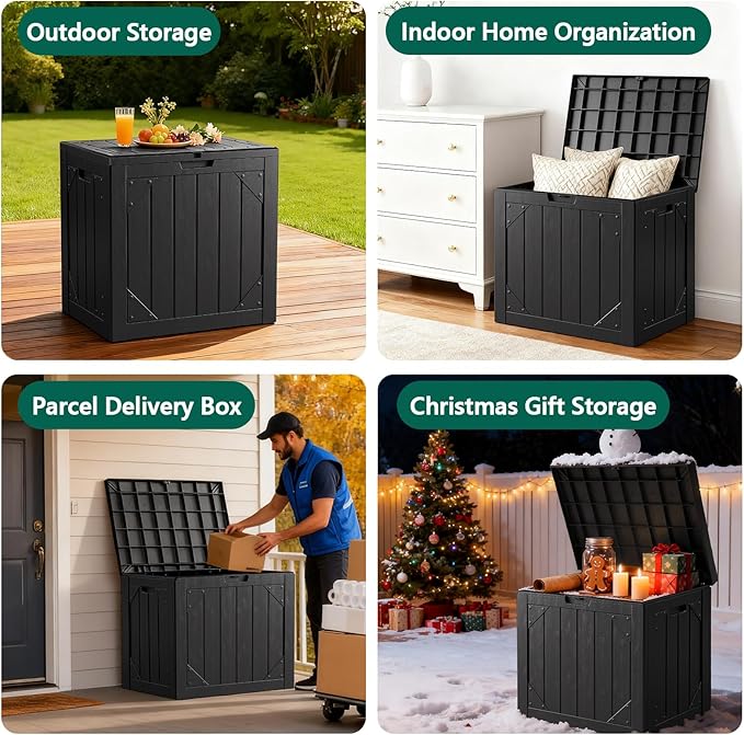 Outdoor Storage Box, 30 Gallon Deck Box Outdoor Storage Bench Outside Waterproof Resin Storage Bench, Lockable Patio Cushions, Garden Tools Storage For Furniture, UV Resistant (Black)