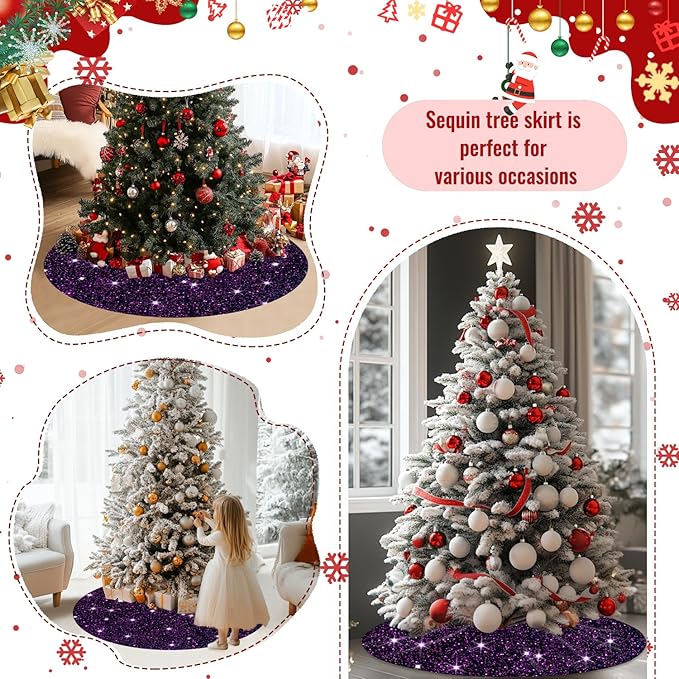 Purple Christmas Tree Skirt 36 Inches Sequin Tree Skirts Embroidered Velvet Tree Skirt Sparkly Xmas Tree Base Cover Glitter Fall Tree Skirt for Artificial Trees Christmas Tree Skirts Decor