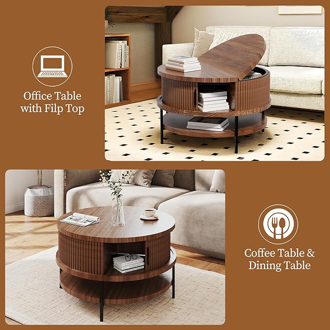 AQY Round Flip Top Coffee Table with Storage, 31.4" Multifunctional Wooden Center Table with Large Hidden Compartment & Open Shelves, Modern Coffee Table for Living Room, Office, Assembly Required