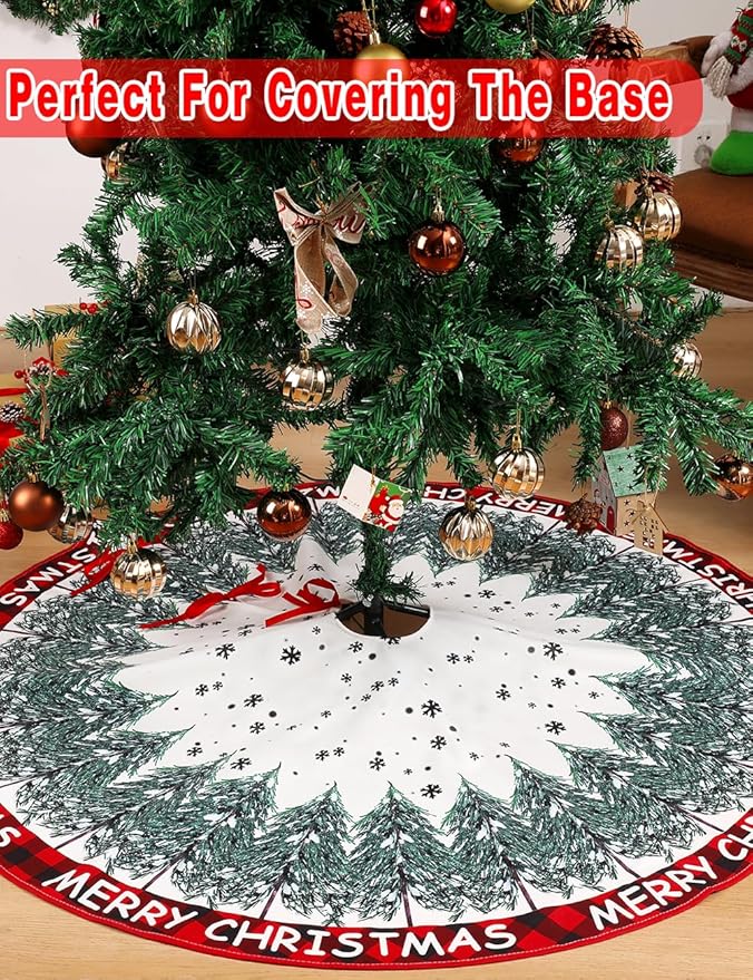 Christmas Tree Skirt 48 Inch, Merry Christmas Snowflake Design, Thick Flannel Fabric, Winter Holiday Tree Mat Decoration
