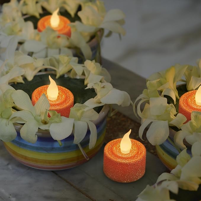 FURORA LIGHTING Orange Glitter LED Tealight Candles Pack of 12, Flameless Flickering Tealight Candles for Home Décor, 1.5’’(W) x 1.65’’(H), Battery Operated