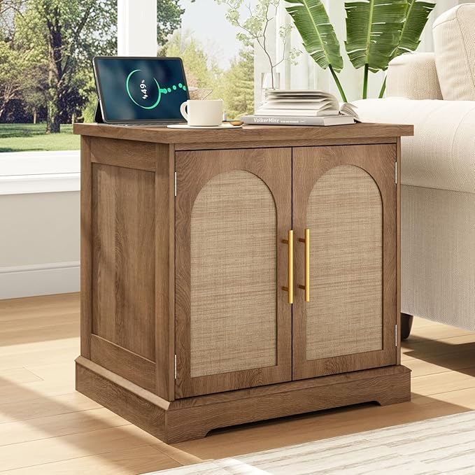 Set of 2 Rattan End Table with Charging Station, 24" Large Sofa Side Table with 2 Arched Doors, Boho Wood Square Nightstand Bedside Tables with Adjustable Storage Shelf