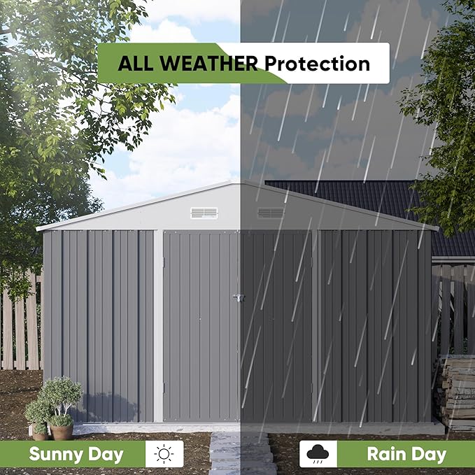 Patiowell 10' x 10' Metal Storage Shed for Outdoor, Steel Yard Shed with Design of Lockable Doors, Utility and Tool Storage for Garden, Backyard, Patio, Outside use, Grey