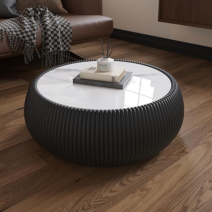 27.55" Black Round Coffee Table, Drum Coffee Table with Sintered Stone Tabletop and Fluted PU Leather Covered and Stable Base, Circle Cocktail Tea Table for Living Room