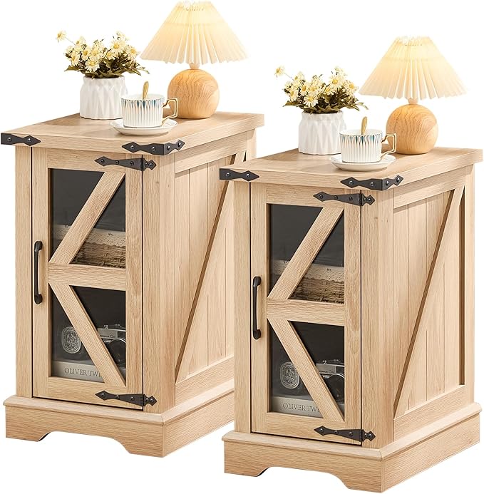Narrow Night Stand Set 2, Farmhouse Side End Table with Glass Barn Door Storage, Bedside Tables, Nightstand Cabinet Organizer for Small Spaces Living Room Bedroom