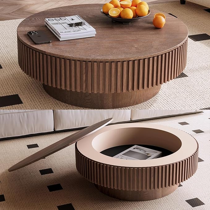 39" Round Coffee Table with Hidden Storage Compartment, Modern Handcraft Fluted Drum Coffee Table, Wooden Circle Center Table Cocktail Tea Table with Sturdy Pedestal for Living Room, Walnut
