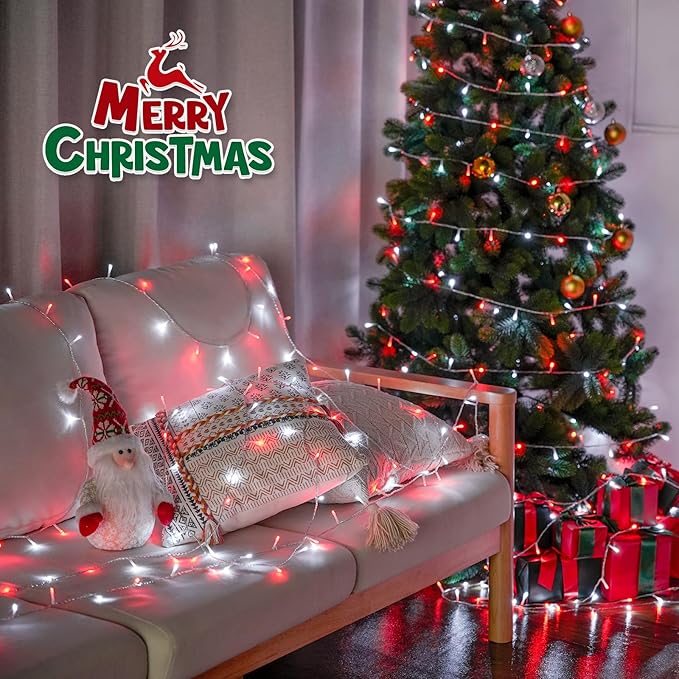JMEXSUSS 2 Pack 100 LED Red and White Christmas Lights Outdoor, 8 Modes Connectable String Lights Indoor, LED Christmas Tree Lights Plug in for Xmas House Party Bedroom Decorations