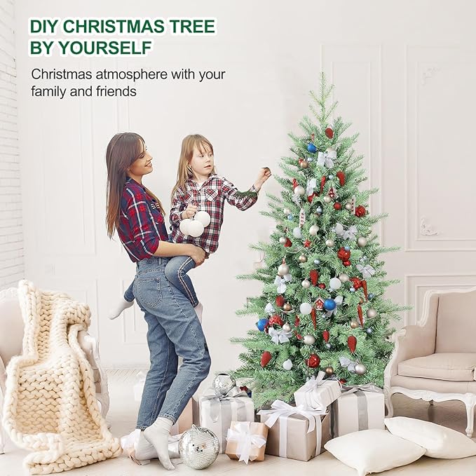 6 FT Artificial Skinny Christmas Tree,Unlit Blue Spruce Slim Pencil Xmas Tree with 1205 PE&PVC Mixed Branch Tips,Hinged Pine Tree with Metal Stand for Home Office Décor
