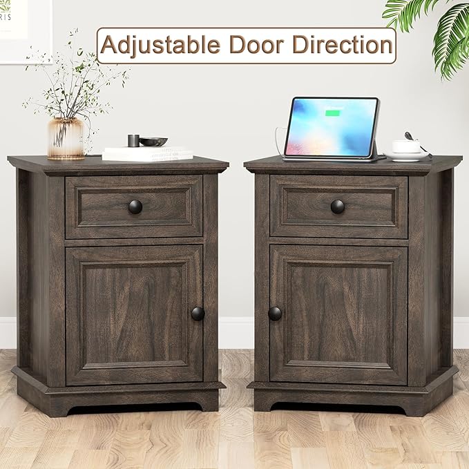 End Tables with Fast-Charge Sets, Side Tables with Drawers, Storage Side Tables Living Room, Adjustable Shelf, Bedroom Nightstands Set of 2, Rustic Brown