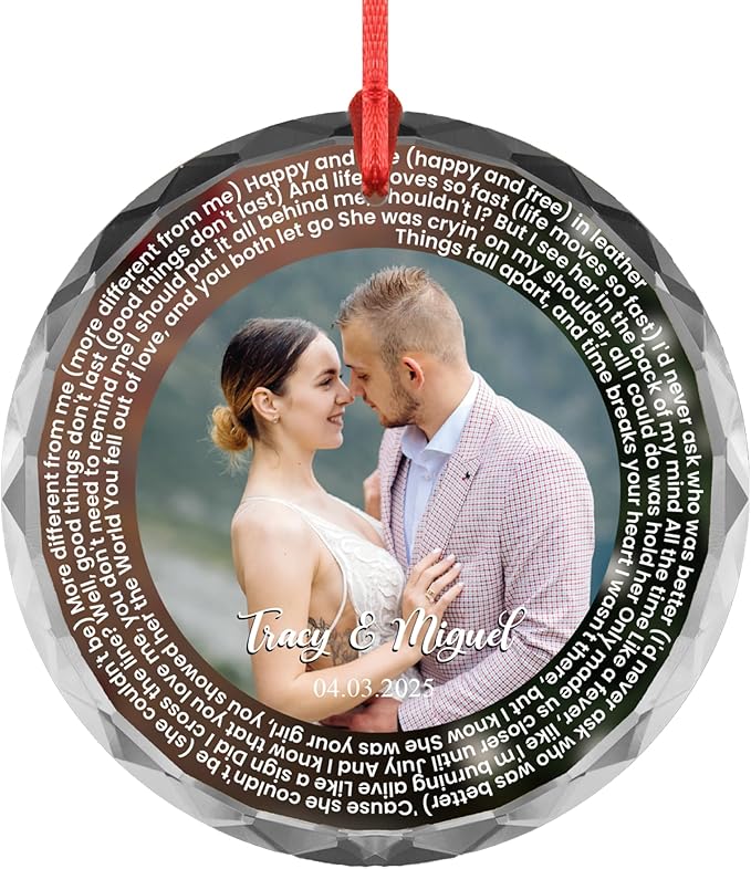 Love Letter Circle Ornament – Custom Photo, Names & Date – Personalized Acrylic/Glass Ornament with Poem or Lyrics – Couple Gift