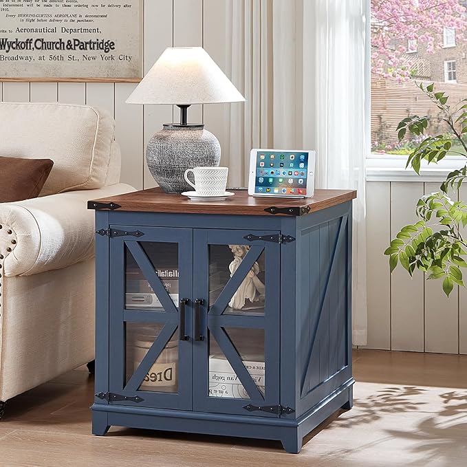Farmhouse End Table Set of 2,24" Large Sofa Side Table with Charging Station Glass Barn Door,Wood Nightstand with Adjustable Storage Shelf,Square Bedside Table for Living Room,Bedroom,Office-Blue